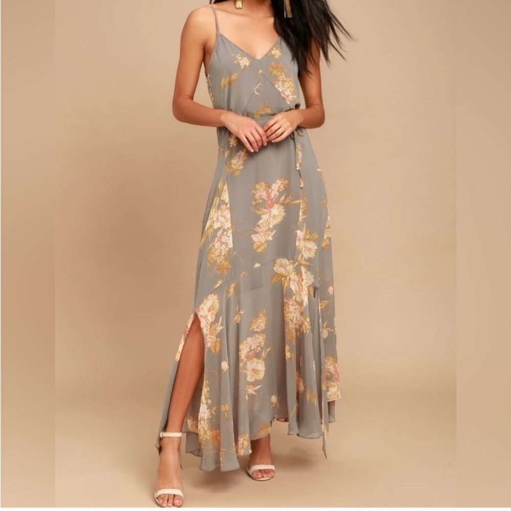 Lulu's Gray and Pink Slit Maxi Dress Spaghetti Strap Sundress